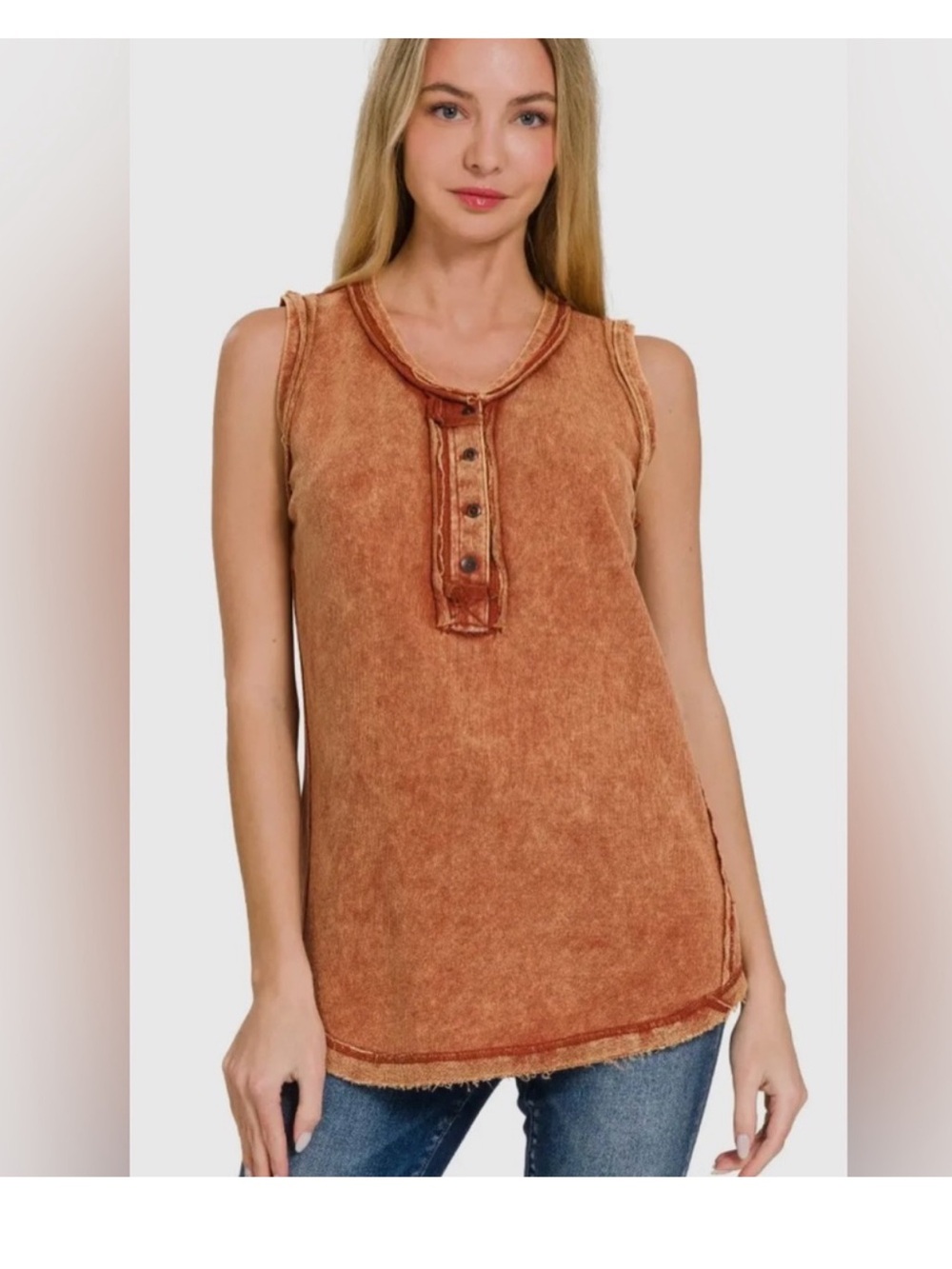 Zenana Sz Sm Washed Half-Button Raw Edge Sleeveless Henley Tank Top-Rust Orange - Picture 3 of 6
